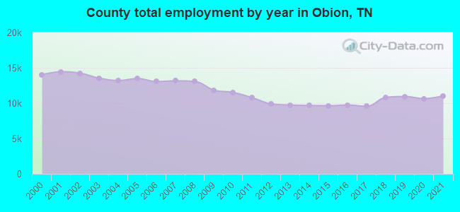 County total employment by year in Obion, TN