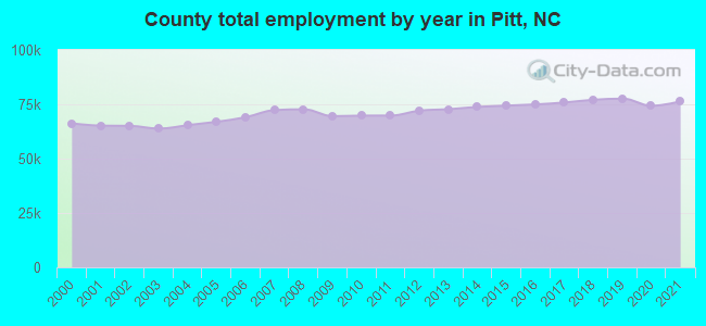 County total employment by year in Pitt, NC