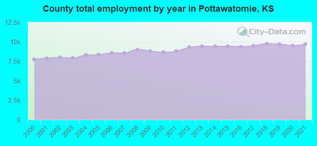 County total employment by year in Pottawatomie, KS