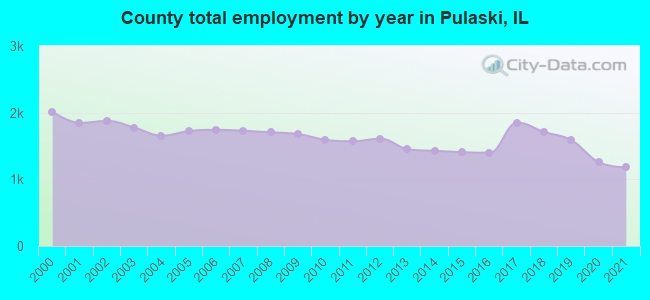 County total employment by year in Pulaski, IL