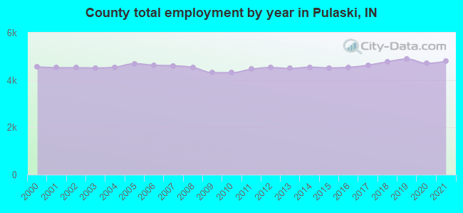 County total employment by year in Pulaski, IN