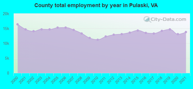 County total employment by year in Pulaski, VA