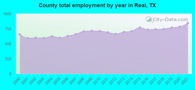 County total employment by year in Real, TX
