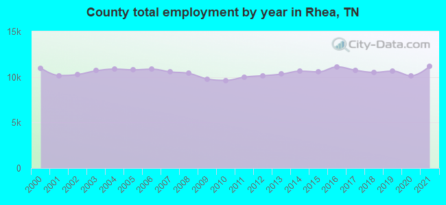 County total employment by year in Rhea, TN