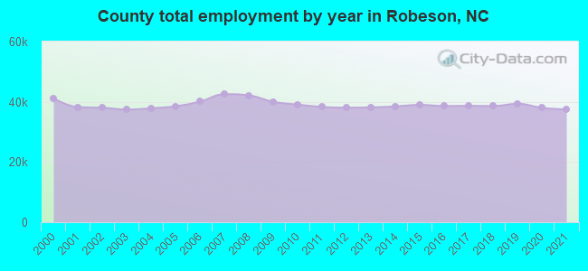 County total employment by year in Robeson, NC
