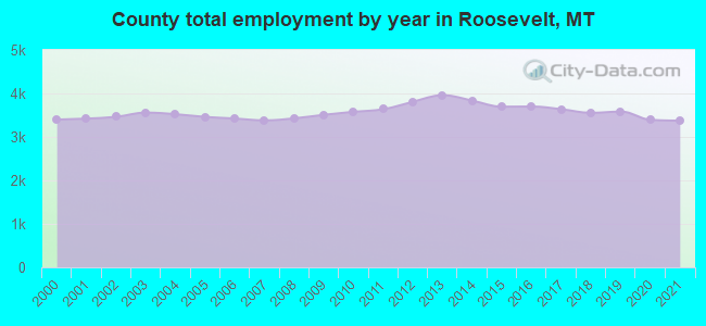 County total employment by year in Roosevelt, MT