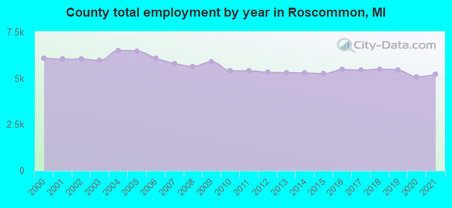 County total employment by year in Roscommon, MI