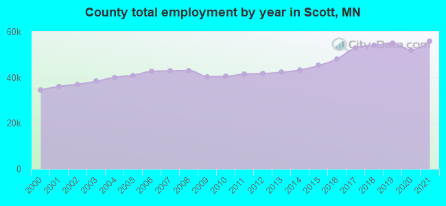 County total employment by year in Scott, MN