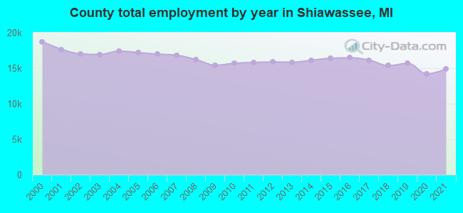 County total employment by year in Shiawassee, MI