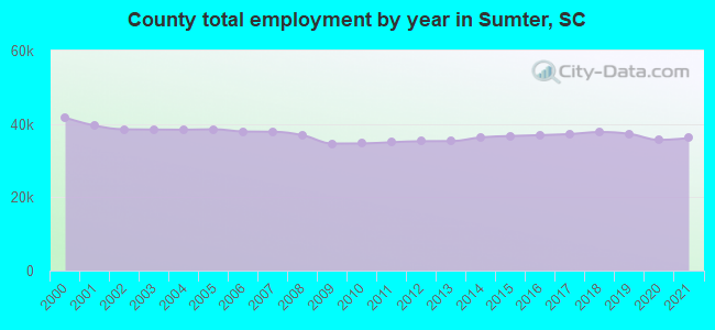 County total employment by year in Sumter, SC