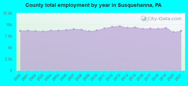 County total employment by year in Susquehanna, PA