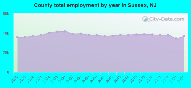 County total employment by year in Sussex, NJ