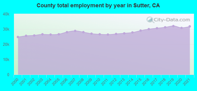 County total employment by year in Sutter, CA