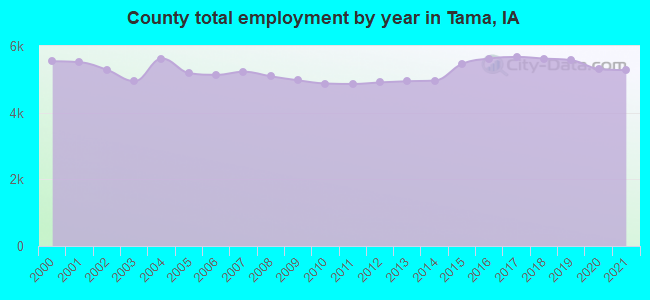 County total employment by year in Tama, IA