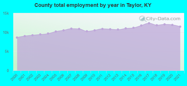 County total employment by year in Taylor, KY