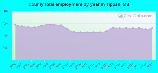 County total employment by year in Tippah, MS