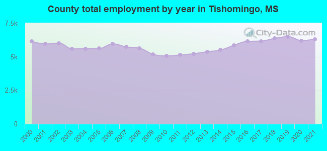 County total employment by year in Tishomingo, MS