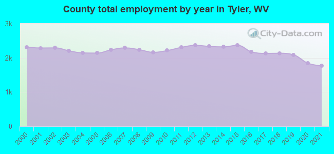 County total employment by year in Tyler, WV