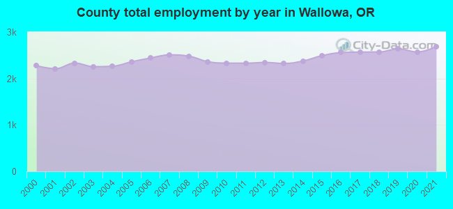 County total employment by year in Wallowa, OR