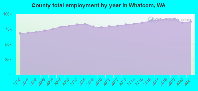 County total employment by year in Whatcom, WA