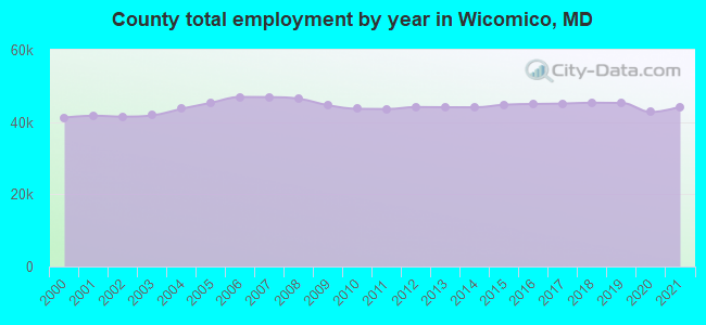 County total employment by year in Wicomico, MD
