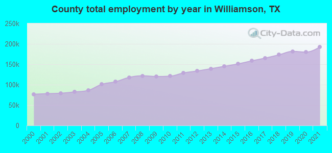 County total employment by year in Williamson, TX