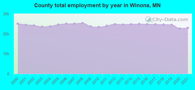 County total employment by year in Winona, MN