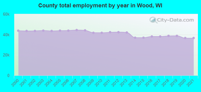 County total employment by year in Wood, WI