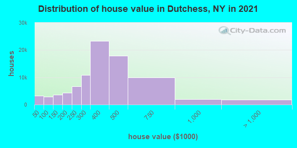 Distribution of house value in Dutchess, NY in 2021