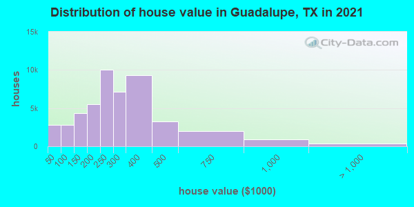 Distribution of house value in Guadalupe, TX in 2021