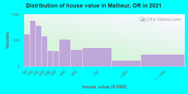 Distribution of house value in Malheur, OR in 2021