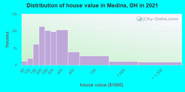 Distribution of house value in Medina, OH in 2019