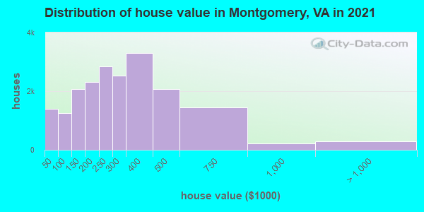 Distribution of house value in Montgomery, VA in 2021