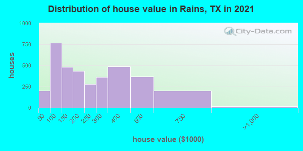 Distribution of house value in Rains, TX in 2021