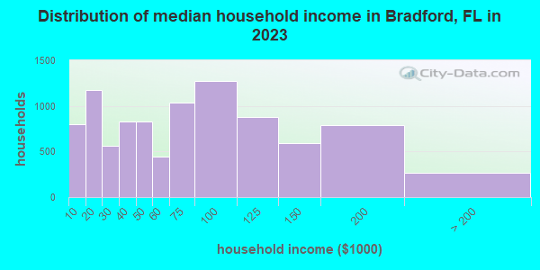 Distribution of median household income in Bradford, FL in 2021
