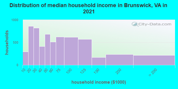 Distribution of median household income in Brunswick, VA in 2019