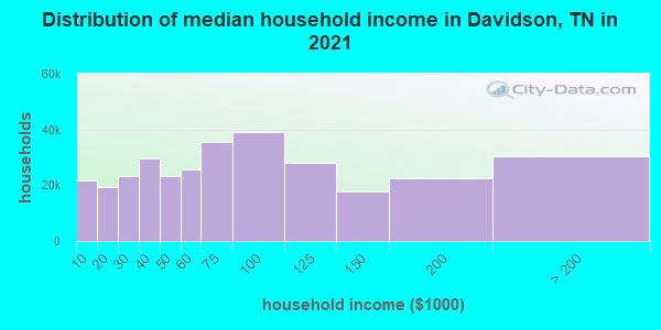 Distribution of median household income in Davidson, TN in 2021