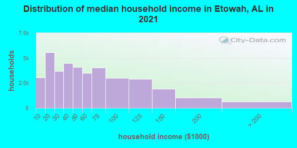 Distribution of median household income in Etowah, AL in 2022