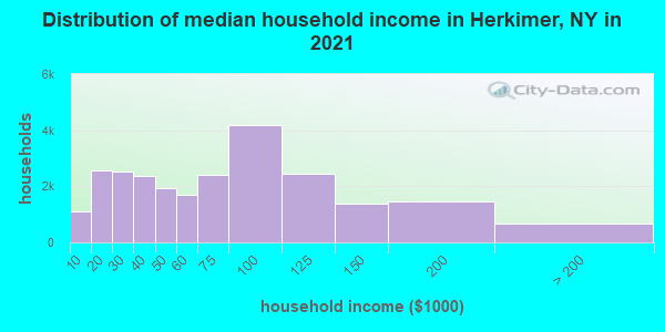 Distribution of median household income in Herkimer, NY in 2019
