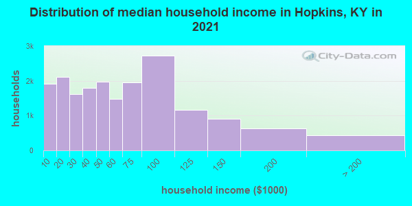 Distribution of median household income in Hopkins, KY in 2019