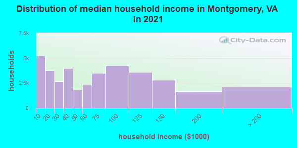 Distribution of median household income in Montgomery, VA in 2019