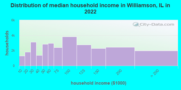 Distribution of median household income in Williamson, IL in 2021
