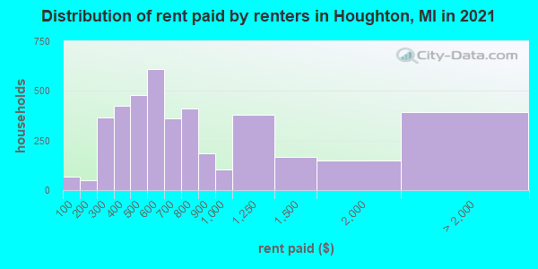 Distribution of rent paid by renters in Houghton, MI in 2019