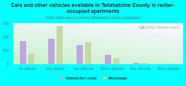 Cars and other vehicles available in Tallahatchie County in renter-occupied apartments