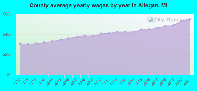 County average yearly wages by year in Allegan, MI