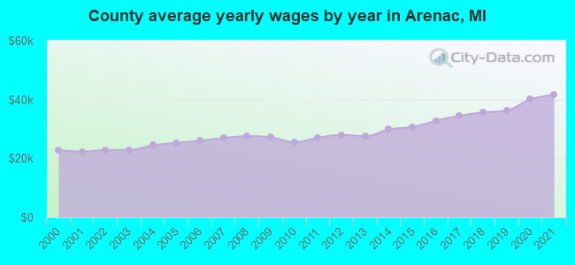 County average yearly wages by year in Arenac, MI