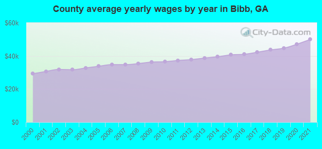County average yearly wages by year in Bibb, GA