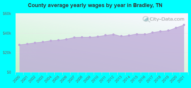 County average yearly wages by year in Bradley, TN