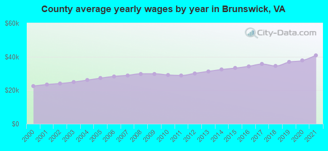 County average yearly wages by year in Brunswick, VA