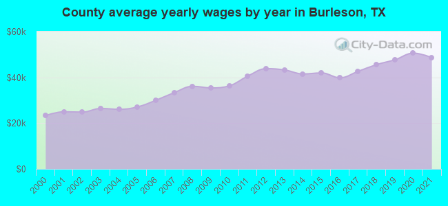 County average yearly wages by year in Burleson, TX